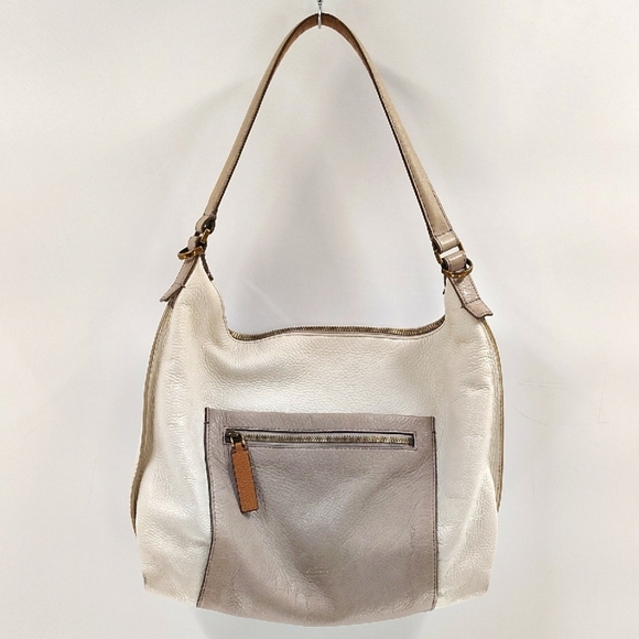 Fossil White Ivory Leather Hobo Bag Zip Beige Pocket Front Zip Top Shoulder Bag - Picture 1 of 13